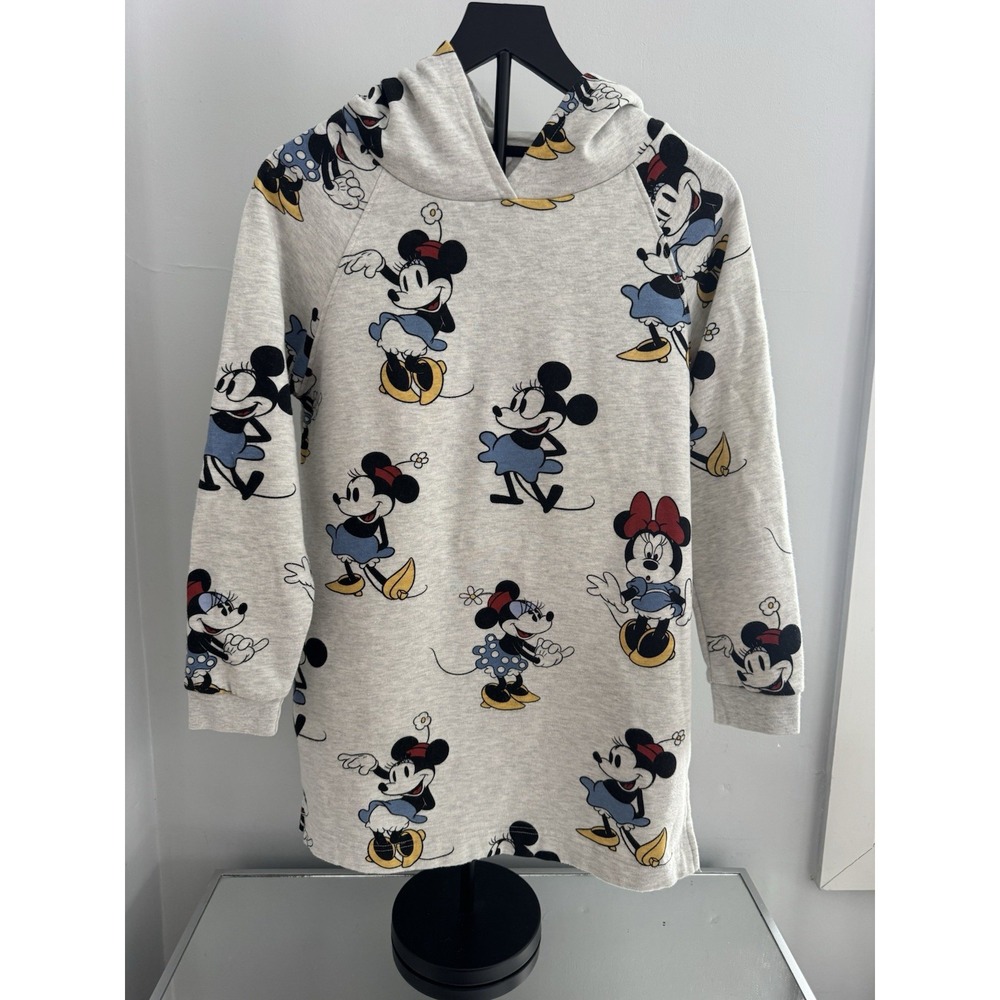 Disney Minnie Mouse Hoodie Dress Gray Allover Print Long Sleeve‎ Juniors M/L
